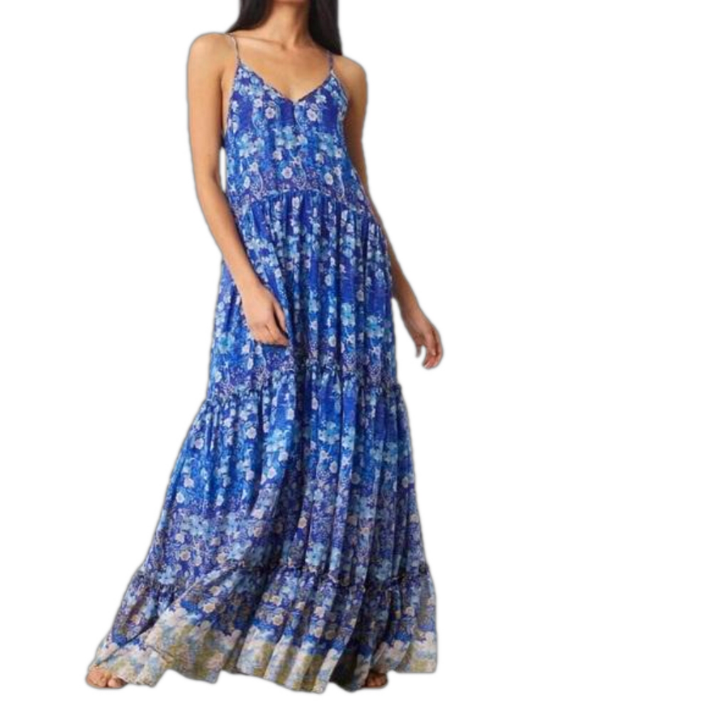 MISA Los Angeles Shimmering Blue Chiffon Ombré Cottage Core Kali Maxi Dress S